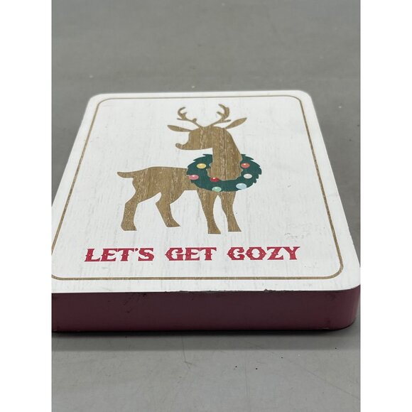 all is bright tabletop wood plaque rectangle reindeer wreath let's get cozy READ - Picture 2 of 8